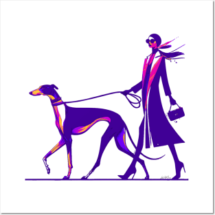 Lady Walking Greyhound Dog Retro Posters and Art